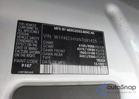 2022 Mercedes-Benz Sprinter 2500 High Roof V6 z USA, uszkodzony, nr VIN W1Y4ECHY6NT081425